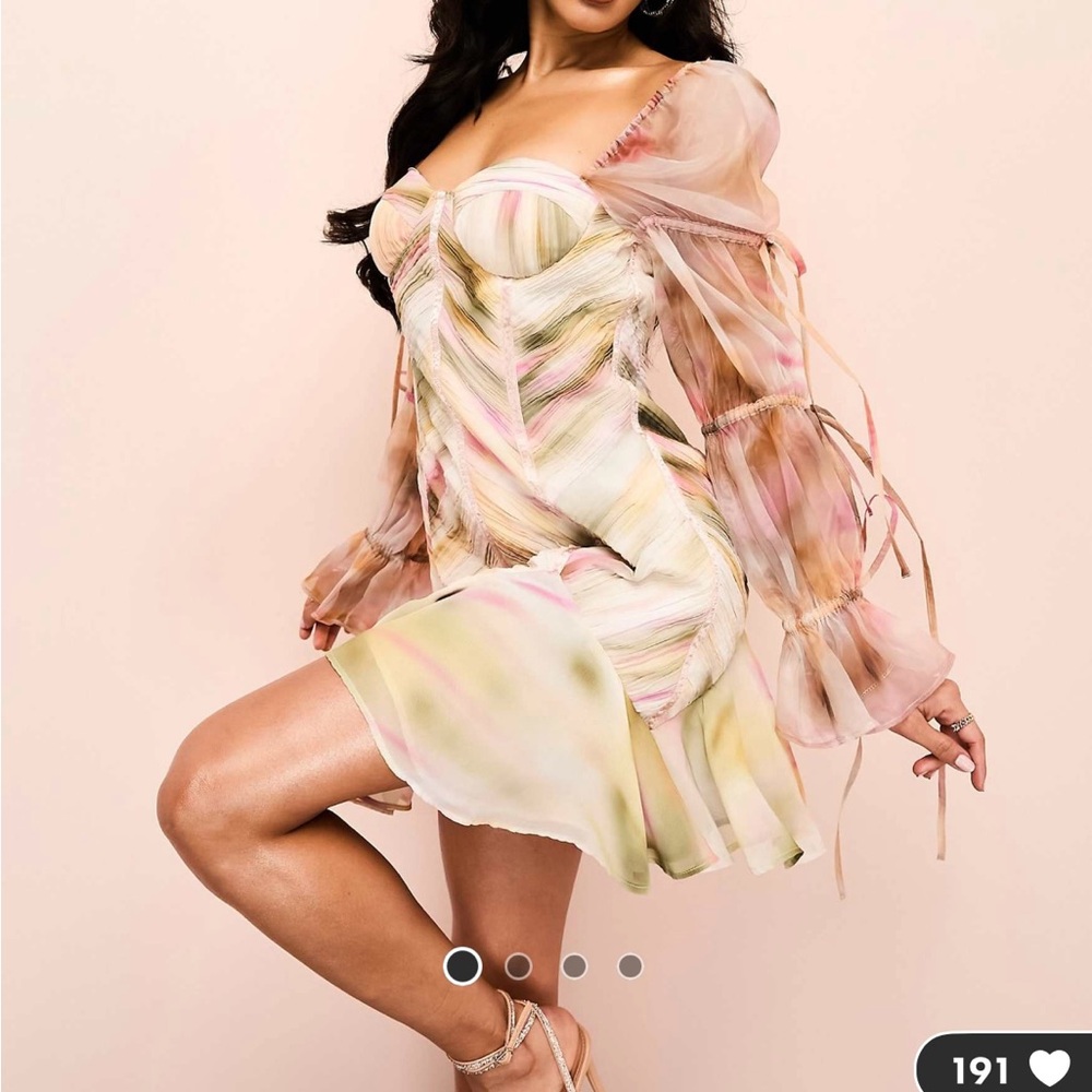 🌸 ASOS LUXE ruched  dress with organza blouson sleeves tie detail swirl print